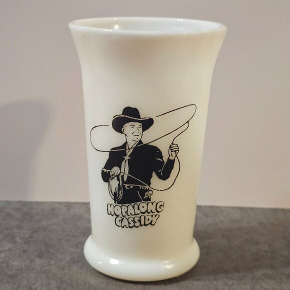 Vintage Hopalong Cassidy Milk Glass  Breakfast Tumbler Milk Hazel Atlas 5" Tall - Picture 1 of 6